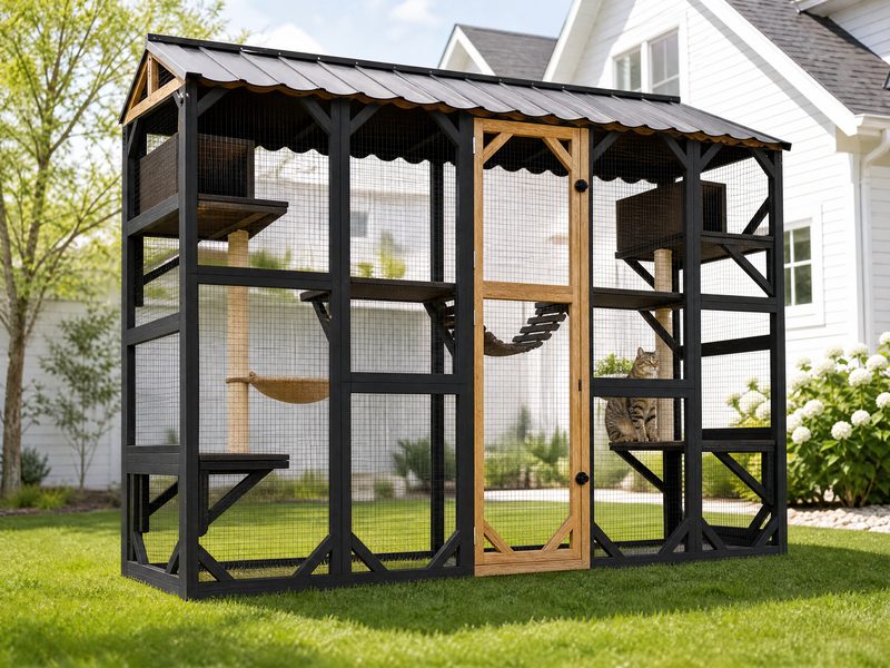 FERNSTEAD Catio CW01 outdoor cat enclosure in Black and Natural wood