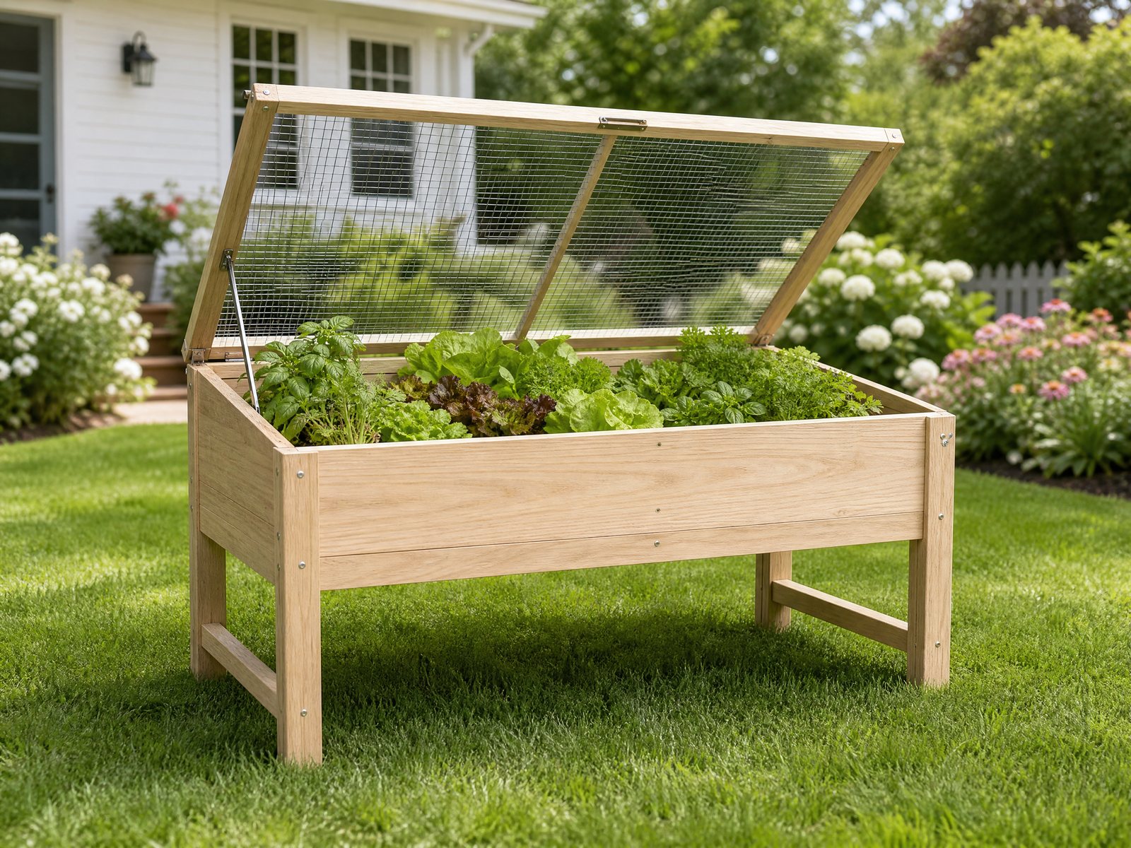 A Fernstead raised garden bed with a hinged mesh canopy in a backyard
