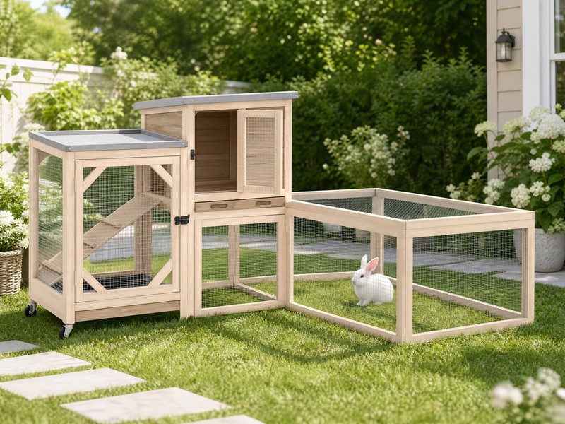 FERNSTEAD Hutch LW03 two-story rabbit hutch in natural light wood with attached run