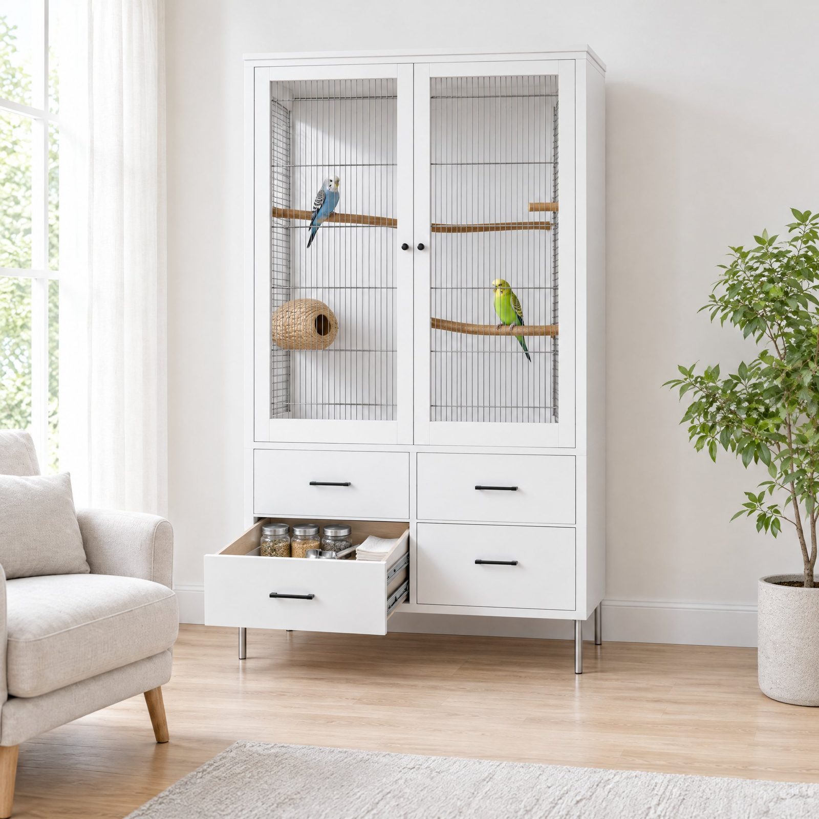 Drawer open on soft-close rails holding bird care supplies